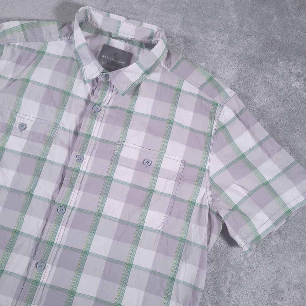 Royal Robbins Shirt Mens XL Grey Green Plaid Short Sleeve Lightweight Breathable